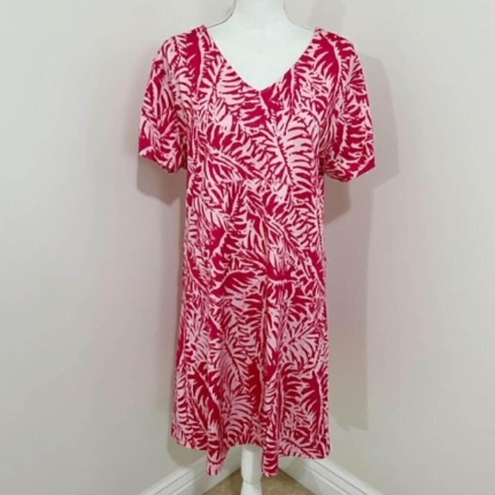 Reel Legends Keep It Cool Pink Dress Short Sleeve Palm Frond Print